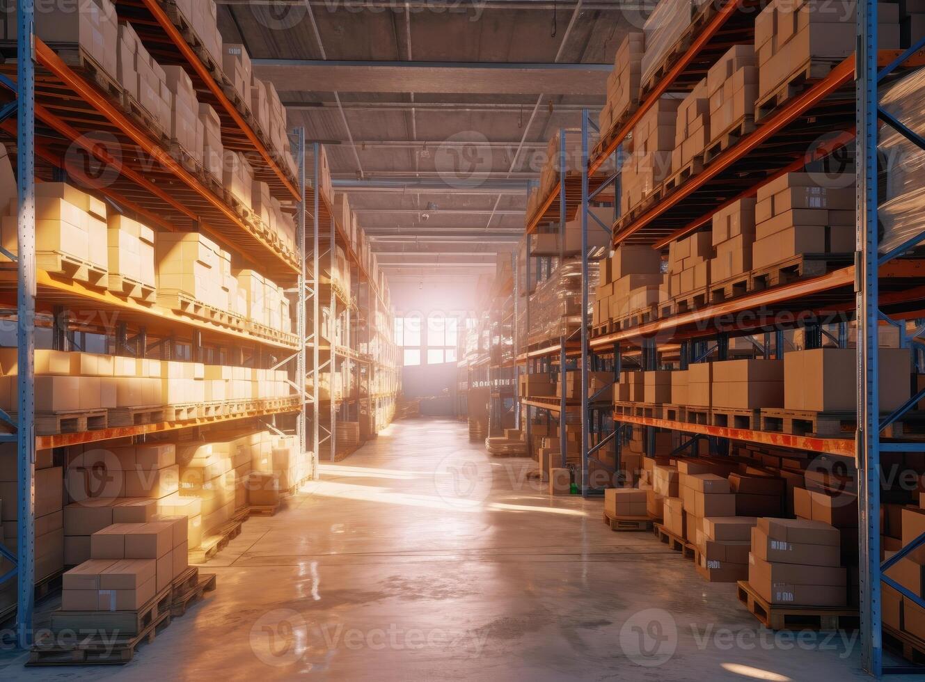 Rows of shelves with boxes. Interior of warehouse. created with technology photo