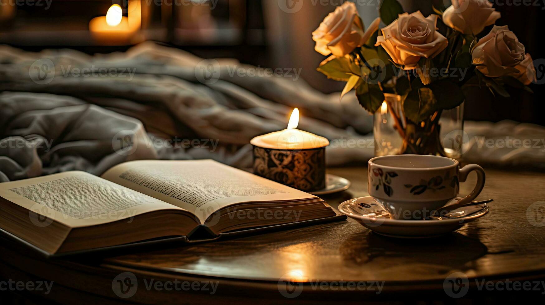 Burning candle and open paper book, cup of kofk Cozy atmosphere concept. good morning. created with Generative Al technology photo