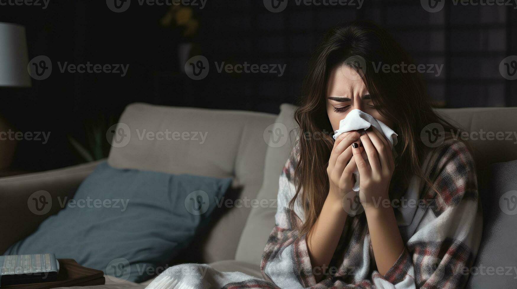 joven hermosa mujer tiene enfermo y gripe creado con generativo Alabama tecnología. foto