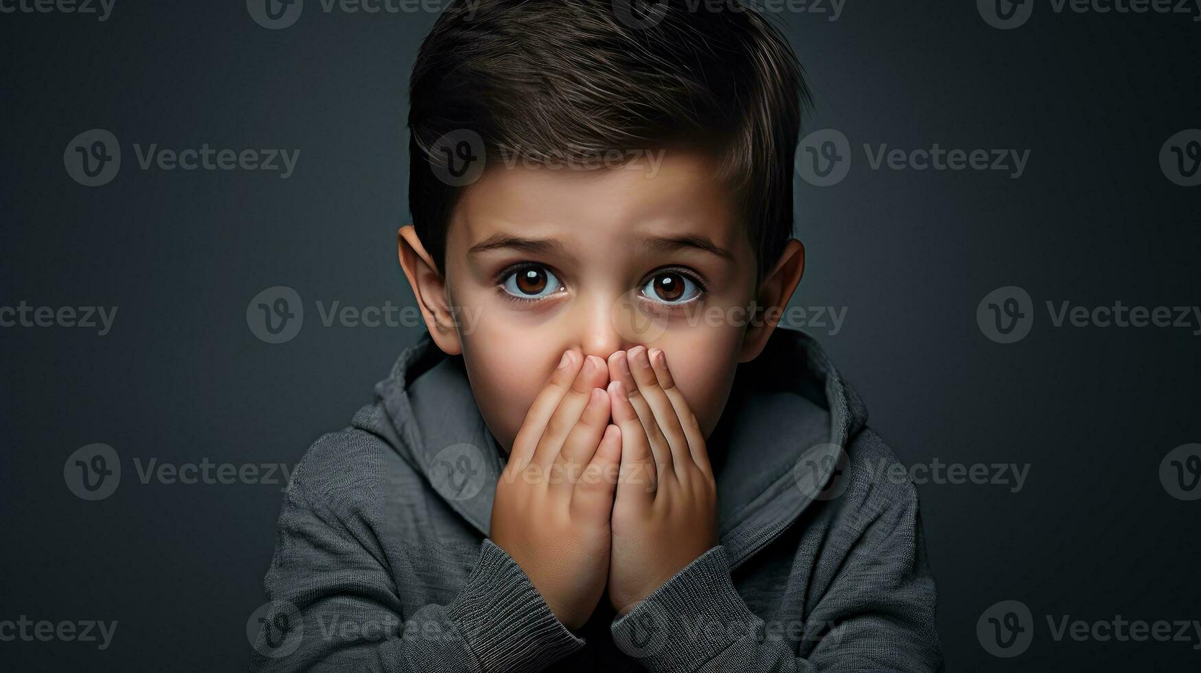 pequeño chico asiático niño asustado y asombrado con para sorpresa, incredulidad rostro. creado con generativo Alabama tecnología. foto