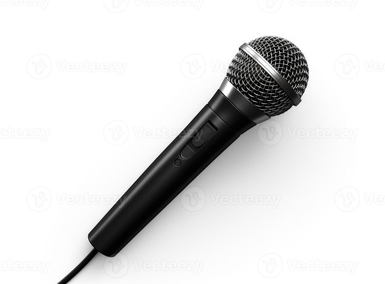 Close up of high quality dynamic microphone connect with male connector and cable isolated on white background,top view. created with technology photo