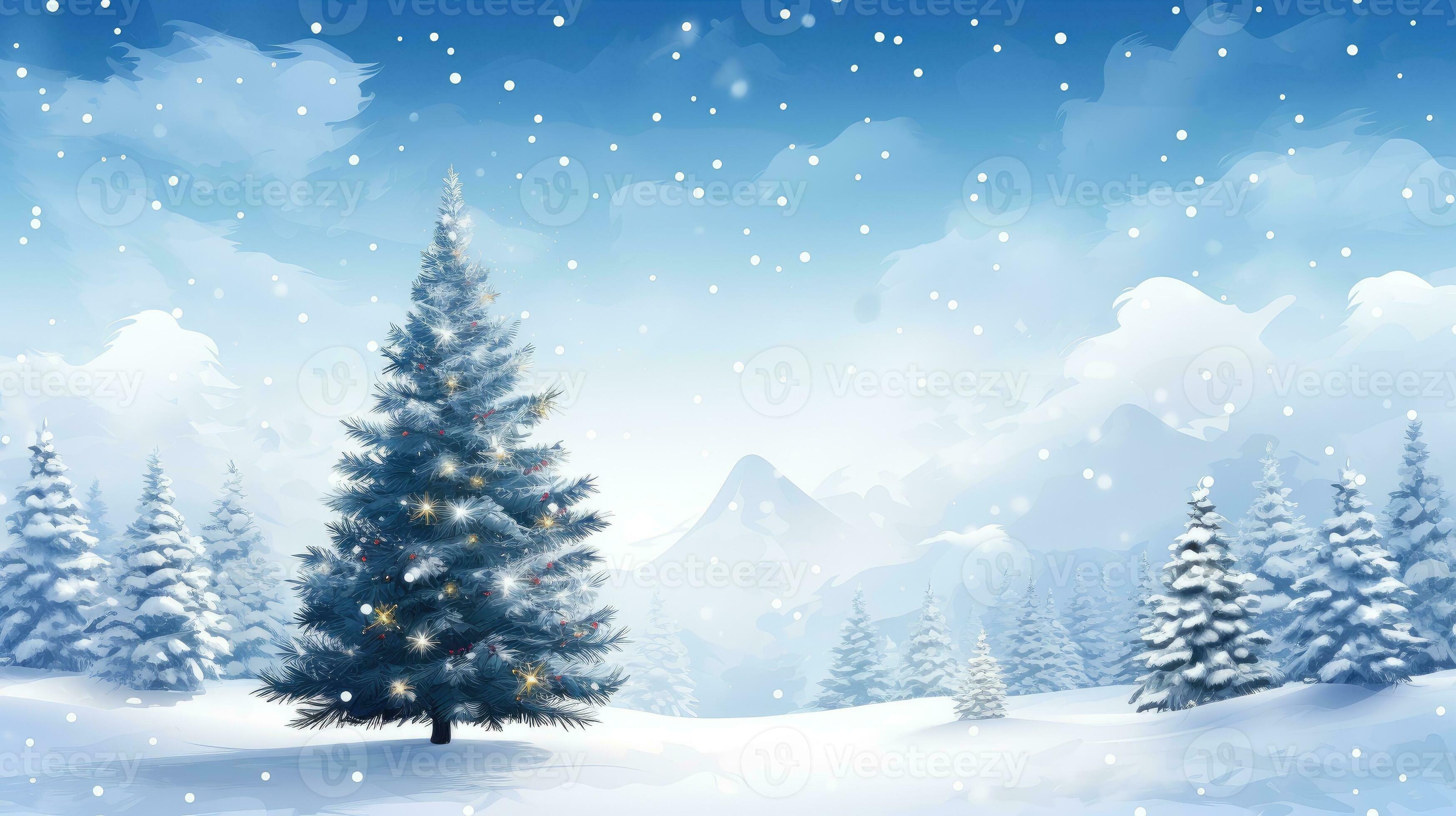 Winter background of snow and frost with pine trees, free space