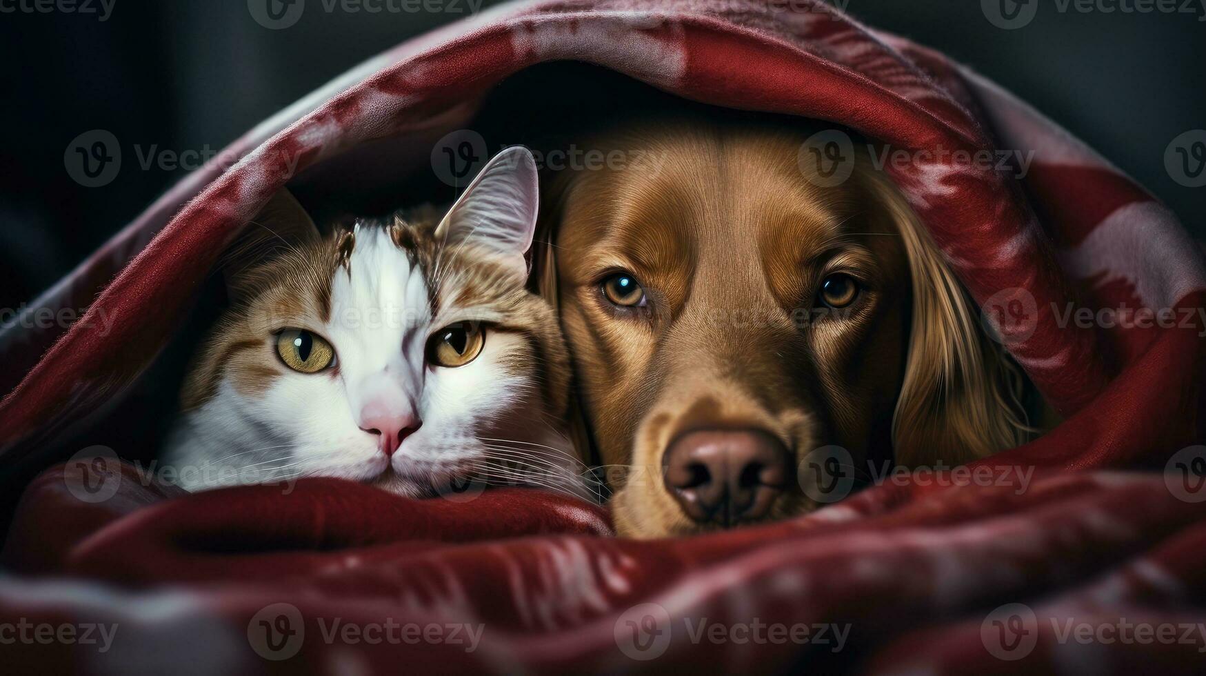 Dog and cat under a plaid. Pet warms under a blanket in cold autumn weather created with Generative Al technology photo