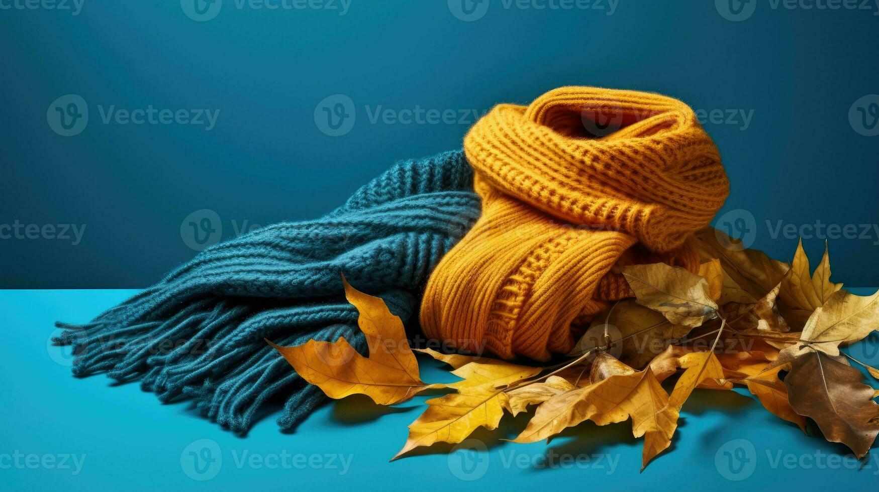 Orange and blue striped knitted hats and scarf for the cold seasons. Maple leaves and warm clothes. created with Generative Al technology photo
