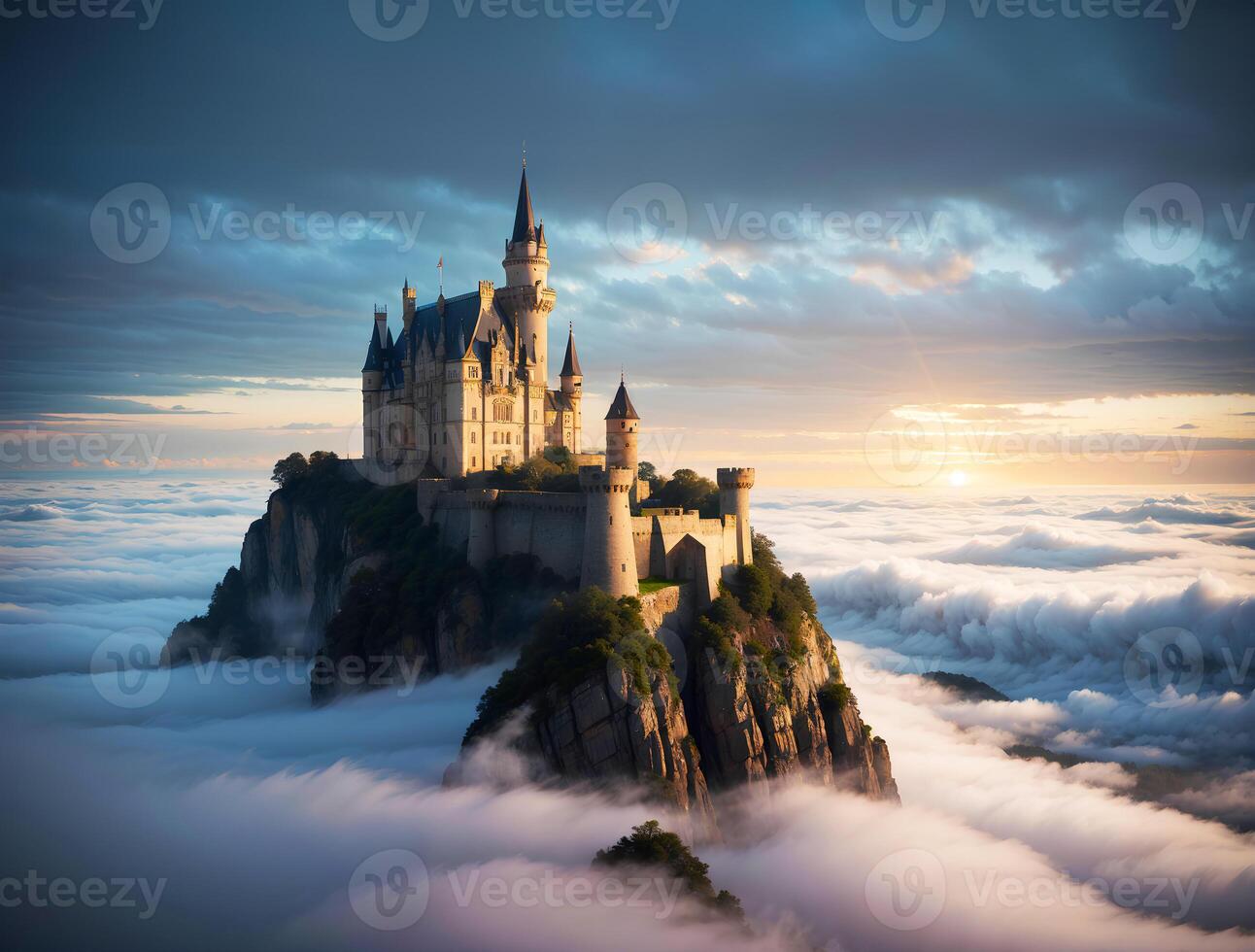 Realistic photo landscape of majestic castle floating in the clouds, AI generative