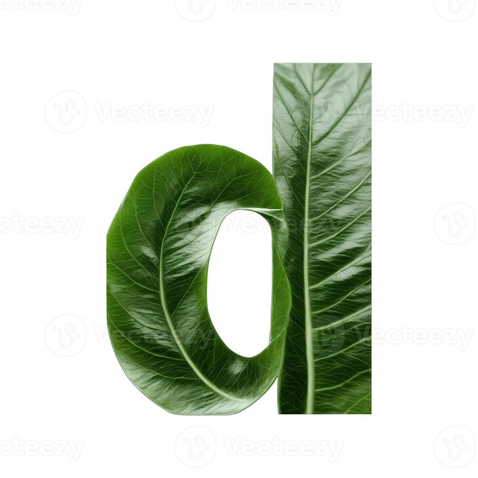 Green leaf typography text design lowercase alphabet d, photo