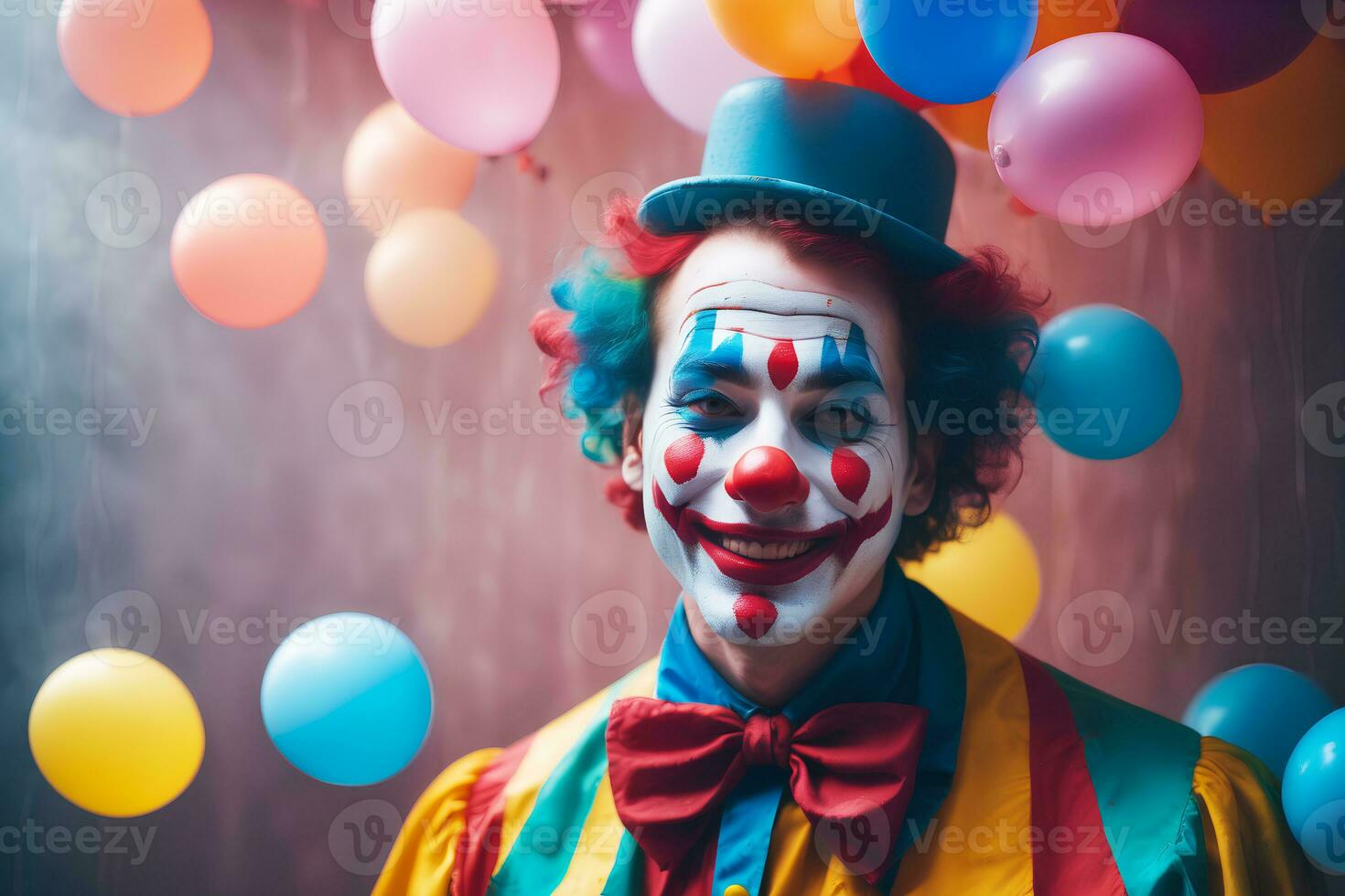 Realistic photo close up of a clown with smile in colorful balloons and misty foggy background, generative AI