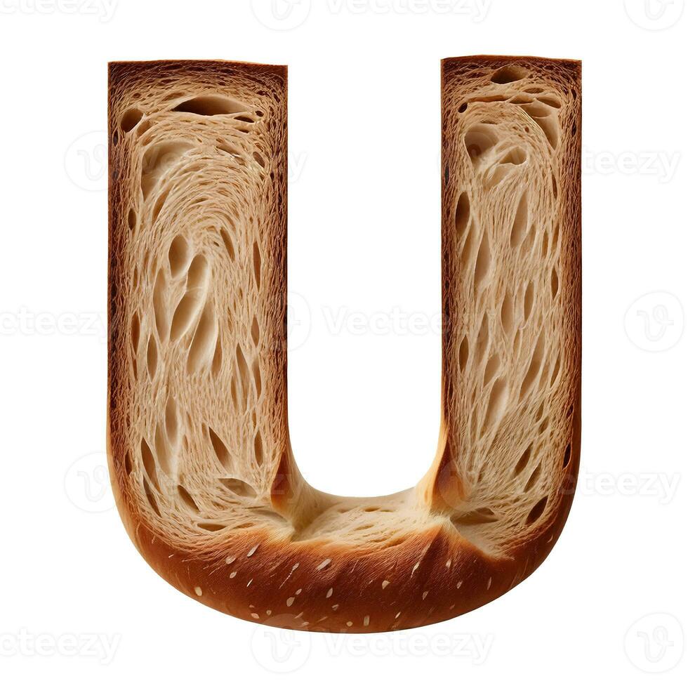 Bread typography text design uppercase alphabet U, AI Generative photo