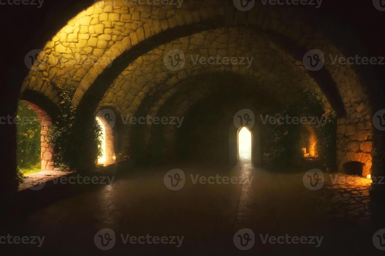 Illustration retro vintage interior stone rock arch ceiling, photo