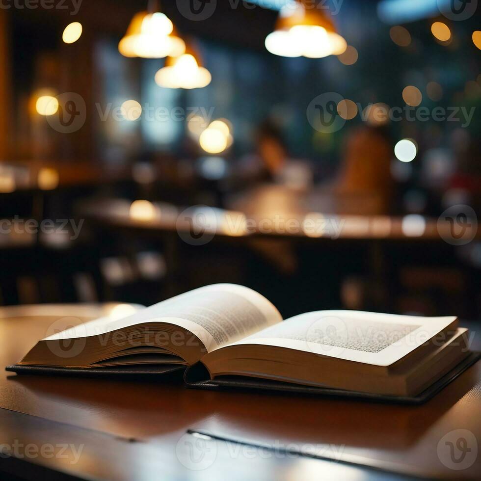 Close up of opened book on table in coffee shop with blurry background, AI generative photo