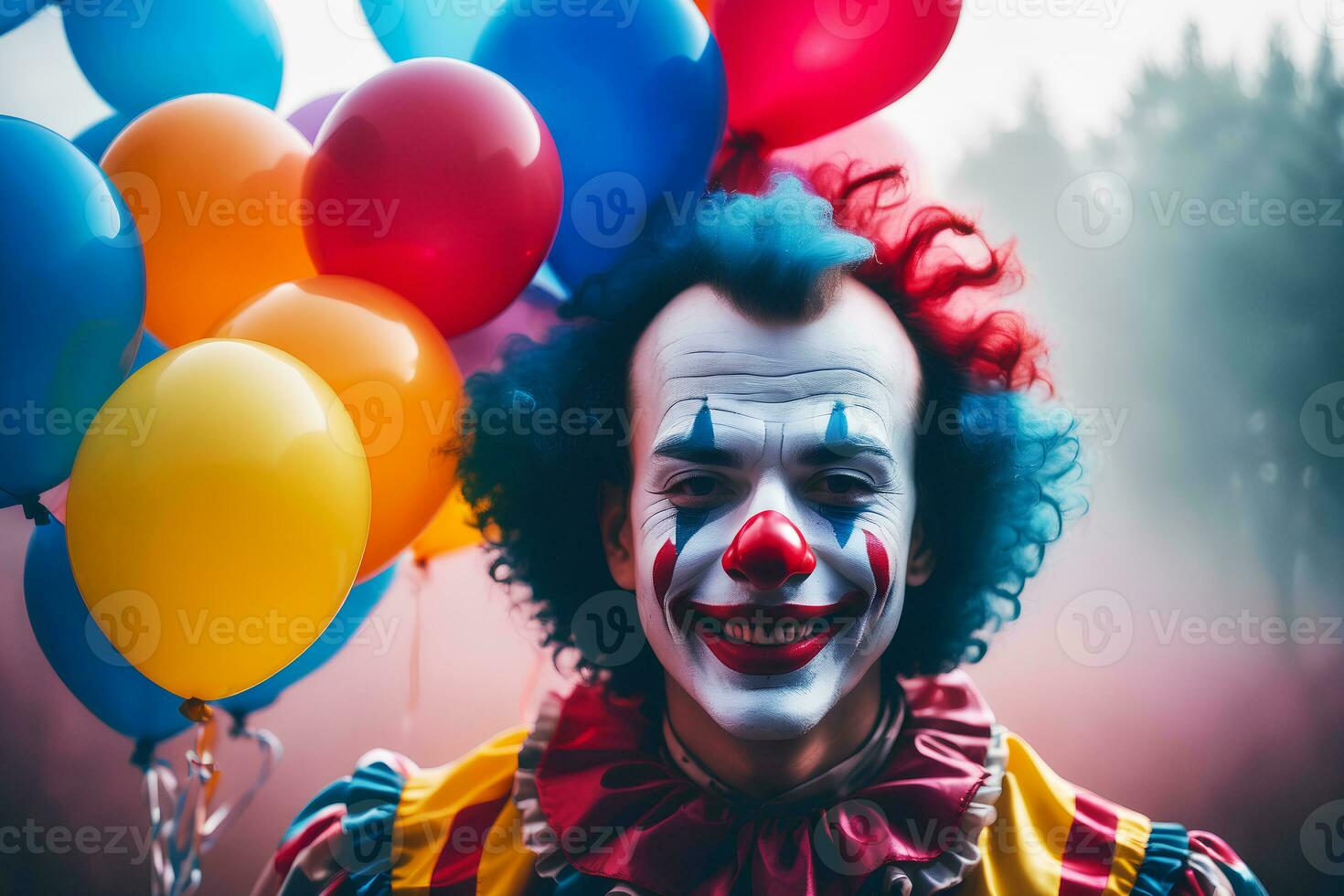 Realistic photo close up of a clown with smile in colorful balloons and misty foggy background, generative AI