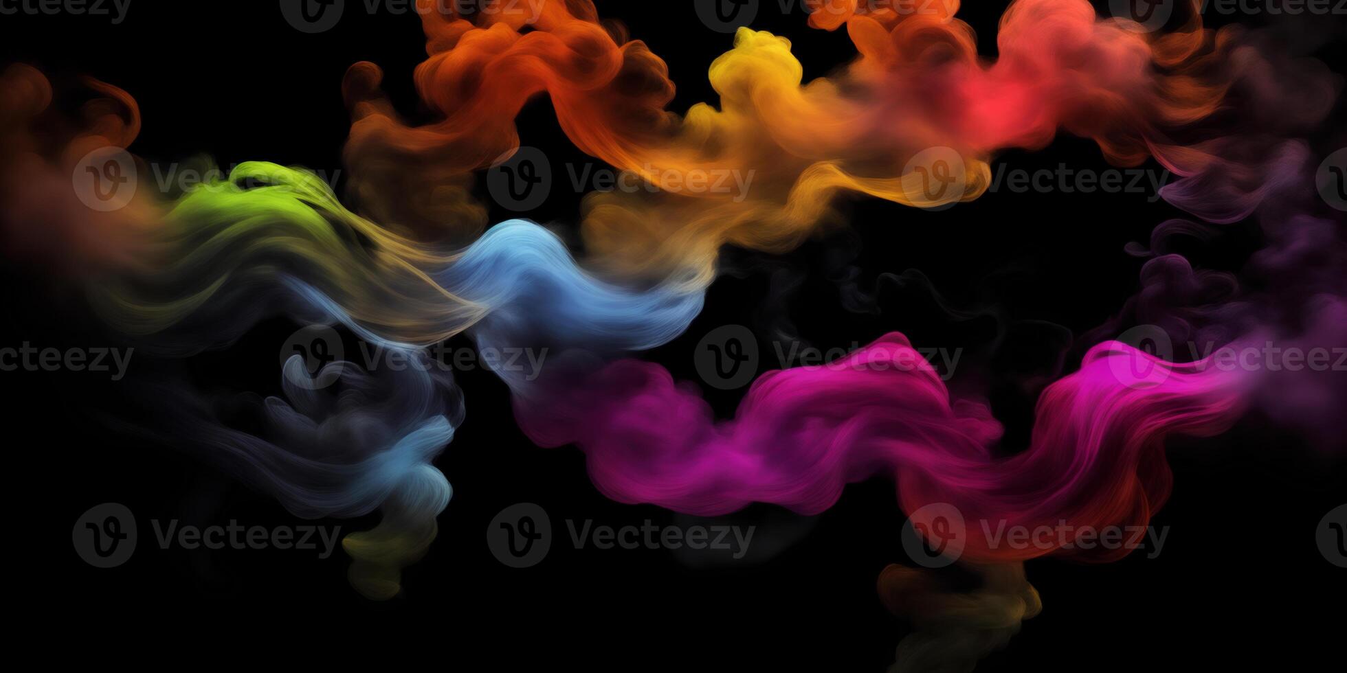 Photograph of a singular flowing colorful smoke stream in black background, photo