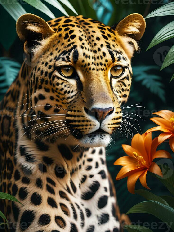 Photography portrait of Leopard in lush jungle with flowers, generative AI photo
