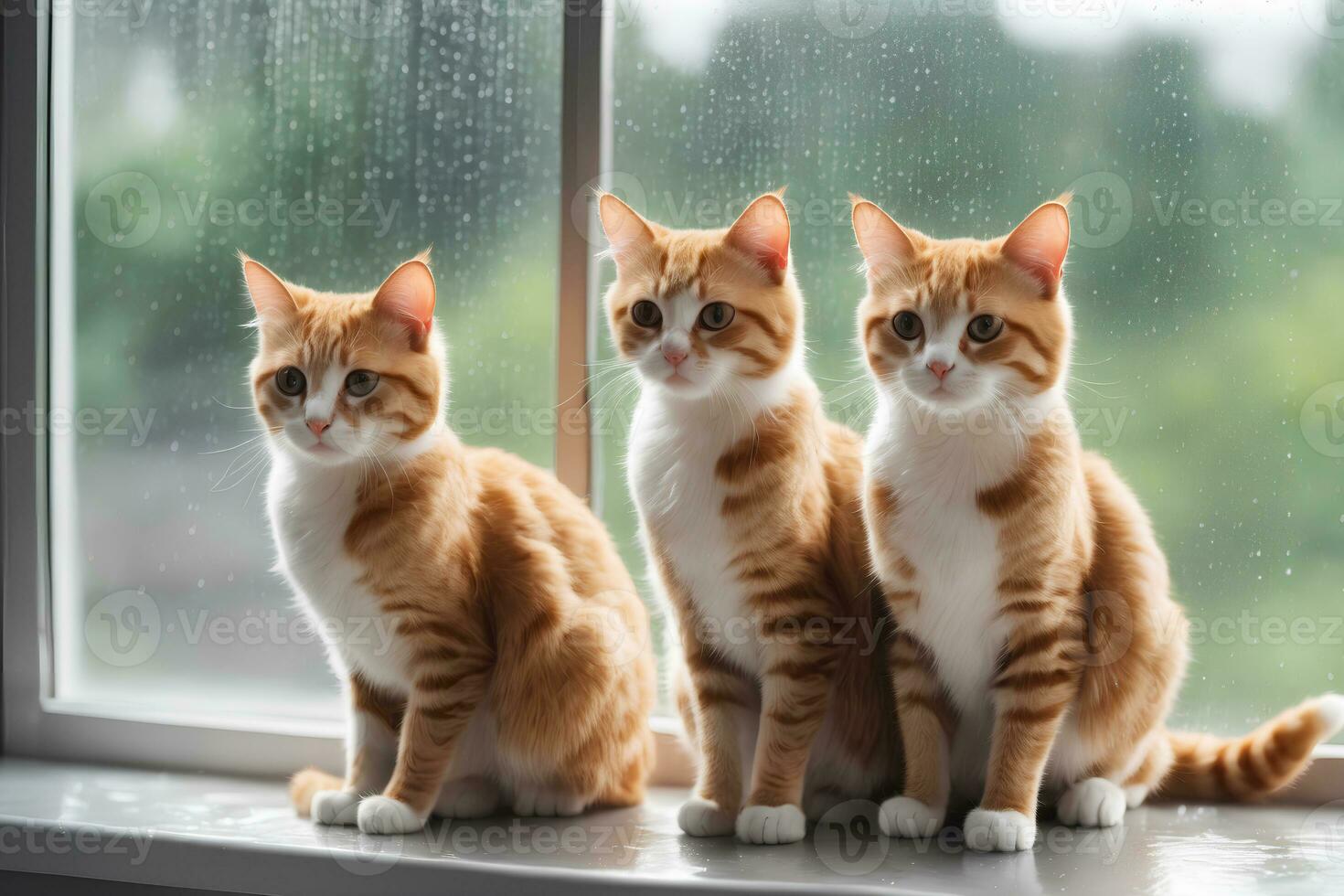 Realistic photo close up of cute cat sitting next to glass window, rainning outside, generative AI