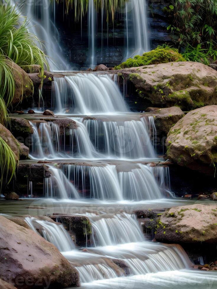 Beautiful nature landscape view of creek waterfall in the forest, photo