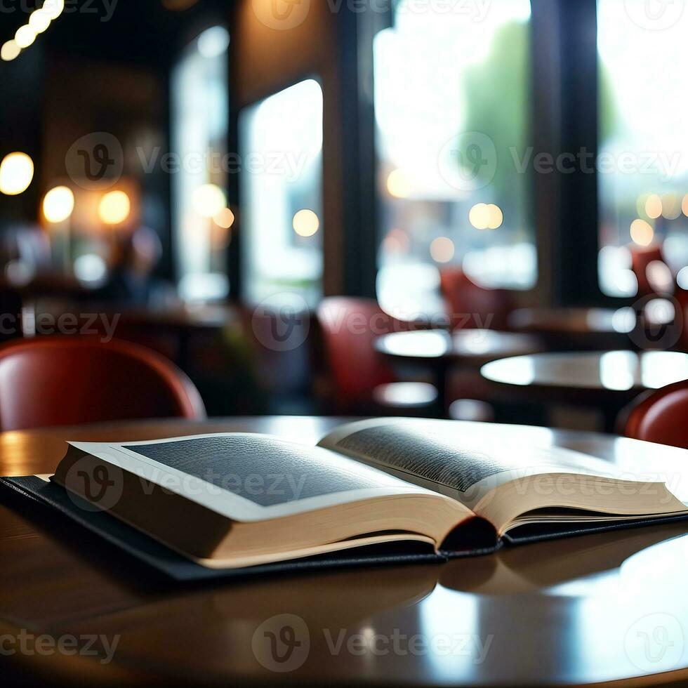Close up of opened book on table in coffee shop with blurry background, AI generative photo