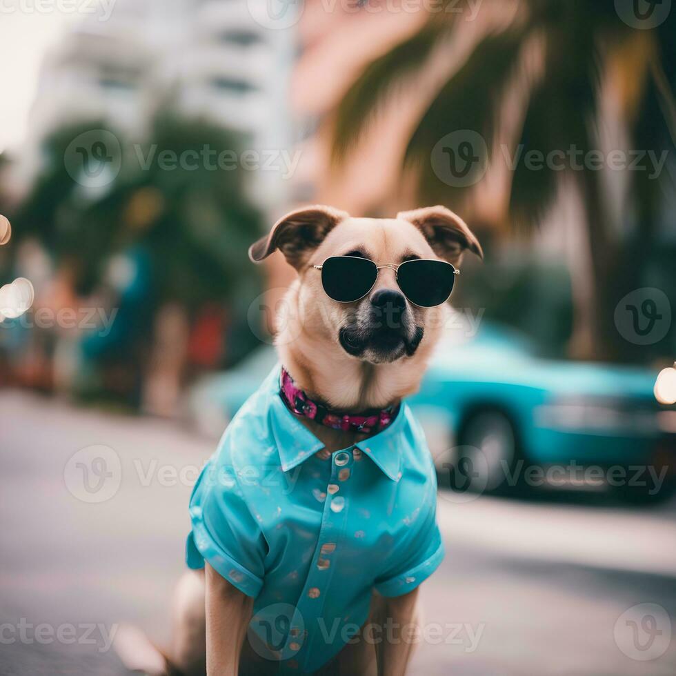 Disparo de onda de vapor Moda perro vistiendo Gafas de sol en miami, ai generativo foto
