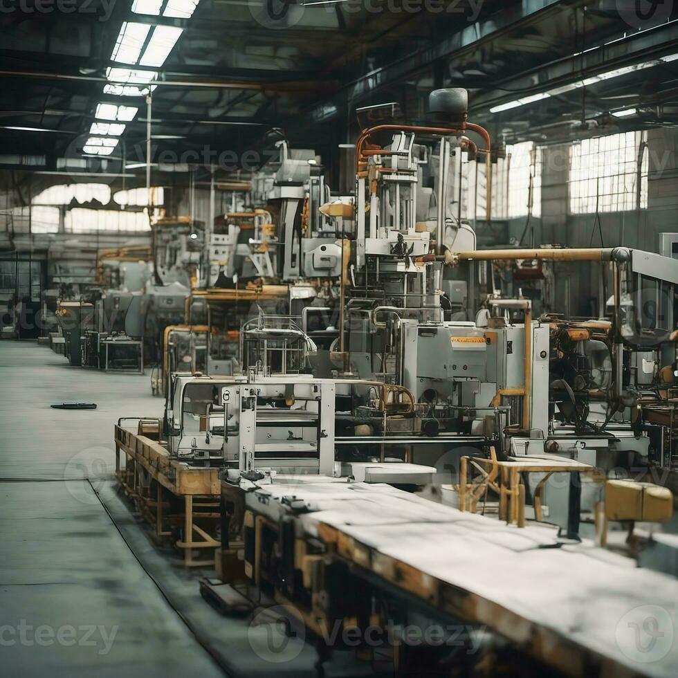 Modern factory interior with mechanic machines, AI generative photo