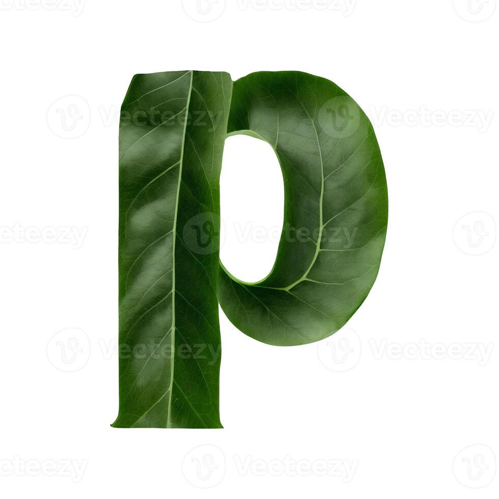Green leaf typography text design lowercase alphabet p, photo