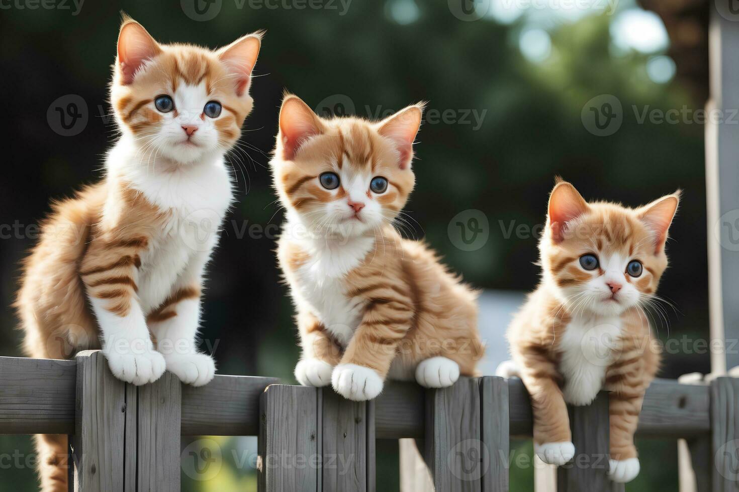 Realistic photo close up of cute cat sitting on fence, generative AI