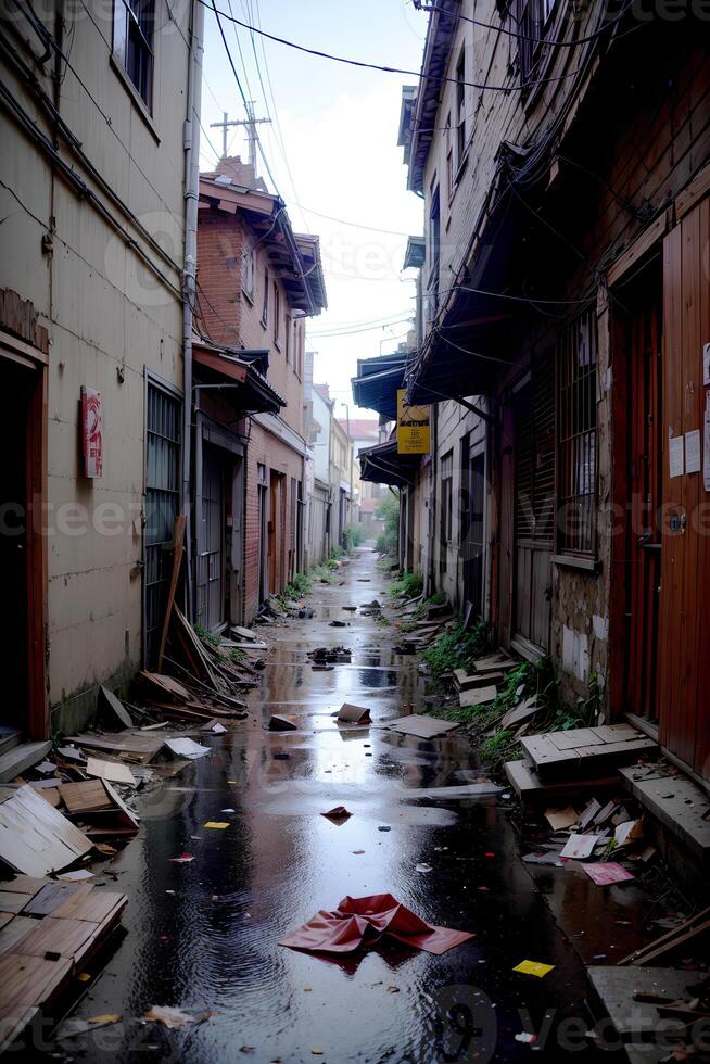 Realistic photo of abandoned alley with debris rubbish on the street, AI generative