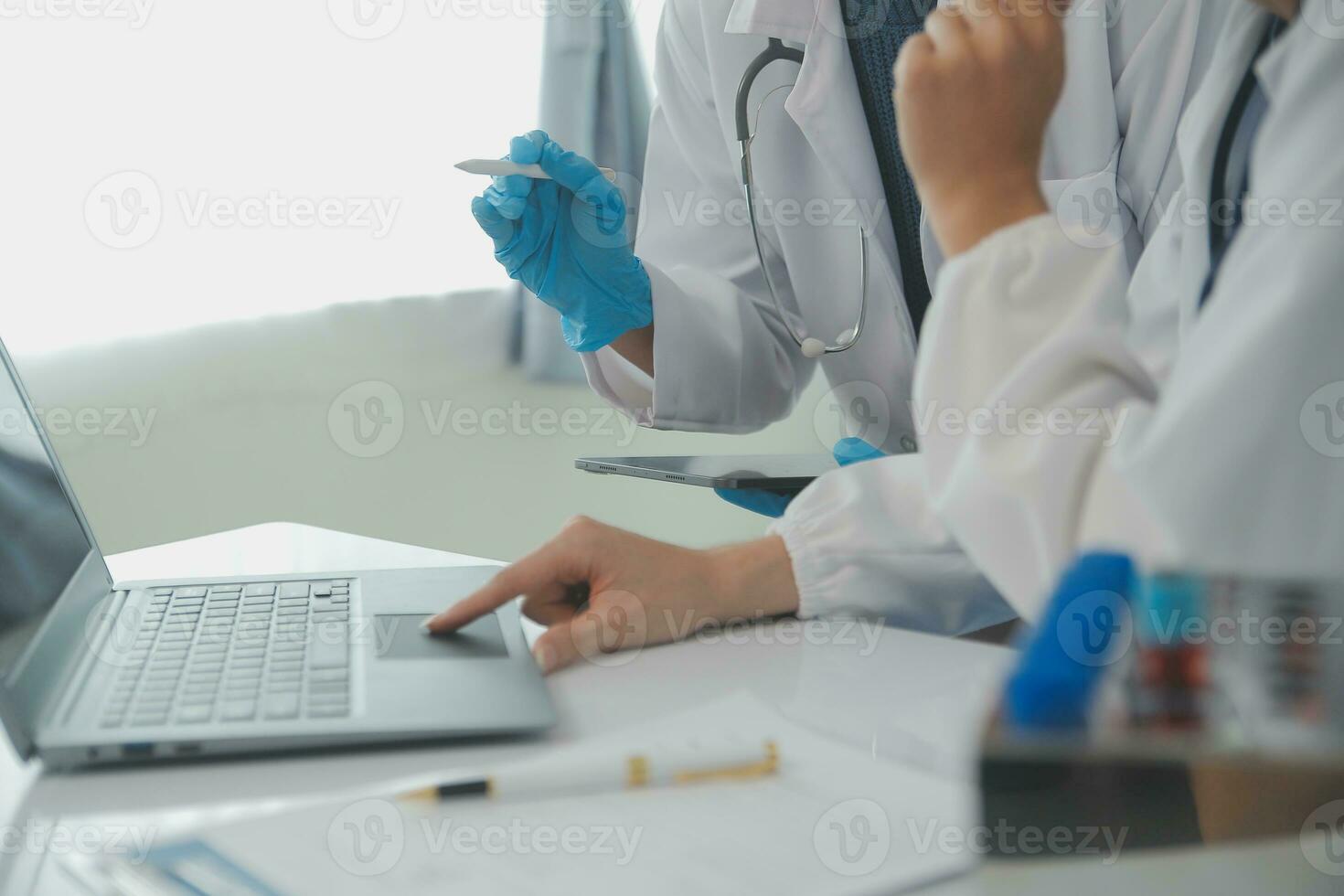 Team of Scientists Choose Between Printed Circuit Board to Work With. In The Background Technologically Advanced Scientific Research Center. photo