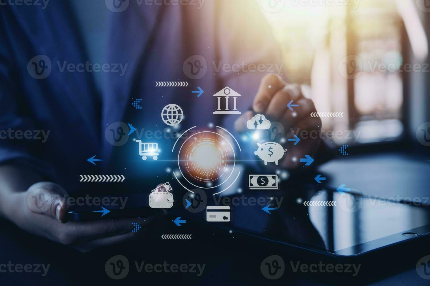futuristic digital processing of biometric identification fingerprint scanner for access personal financial data. surveillance and security scanning of digital programs cyber futuristic applications photo
