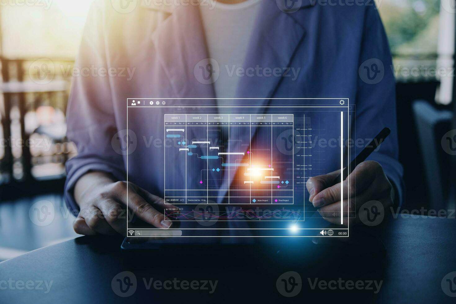 Analyst working with computer in Business Analytics and Data Management System to make report with KPI and metrics connected to database. Corporate strategy for finance, operations, sales, marketing. photo