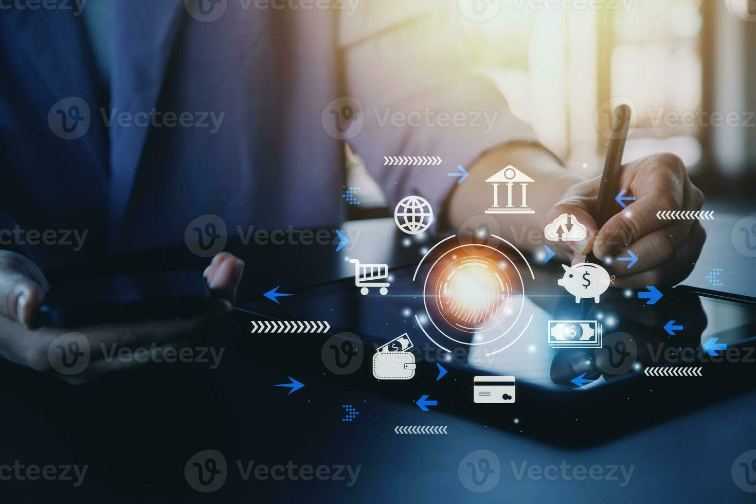 futuristic digital processing of biometric identification fingerprint scanner for access personal financial data. surveillance and security scanning of digital programs cyber futuristic applications photo