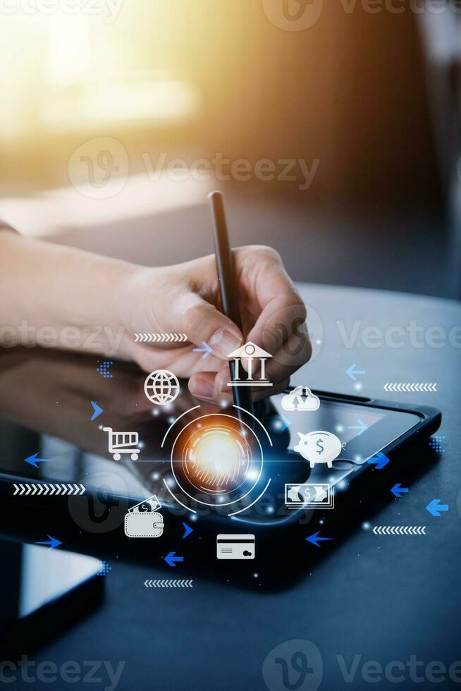 futuristic digital processing of biometric identification fingerprint scanner for access personal financial data. surveillance and security scanning of digital programs cyber futuristic applications photo