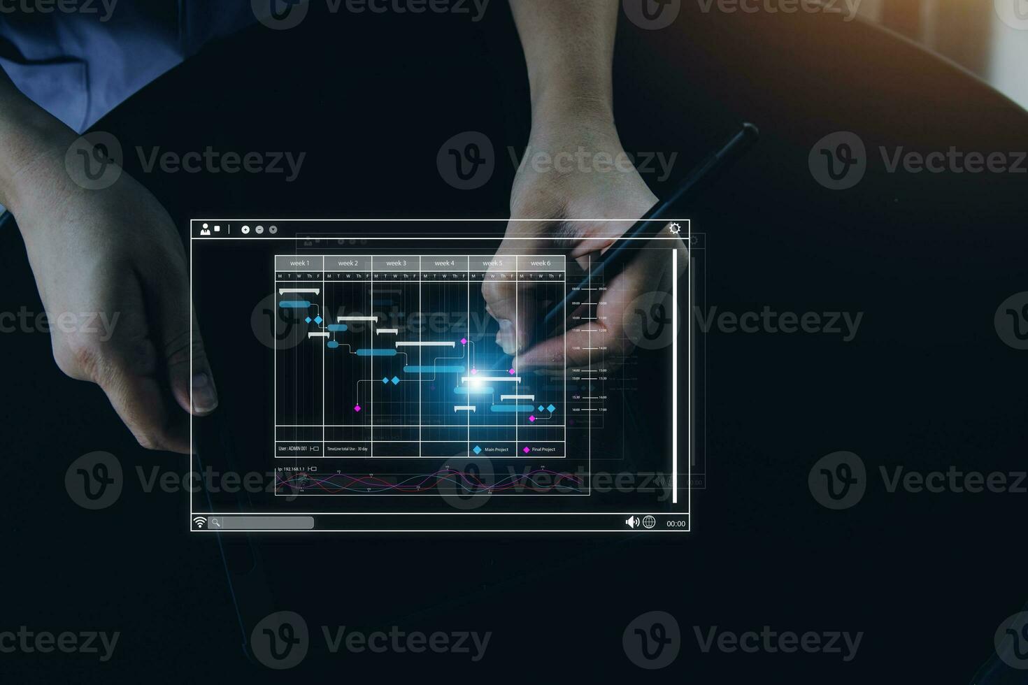 Analyst working with computer in Business Analytics and Data Management System to make report with KPI and metrics connected to database. Corporate strategy for finance, operations, sales, marketing. photo