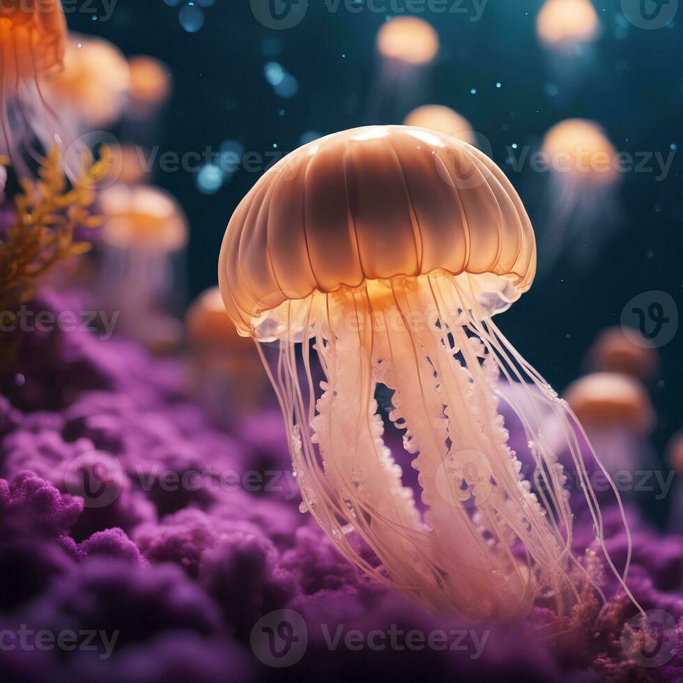 Realistic photo of lowing jellyfish floating underwater, AI generative