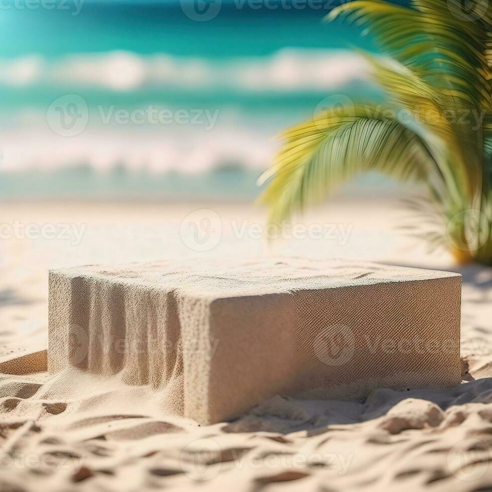 Close up of stone rock podium with summer time beach background, AI generative photo