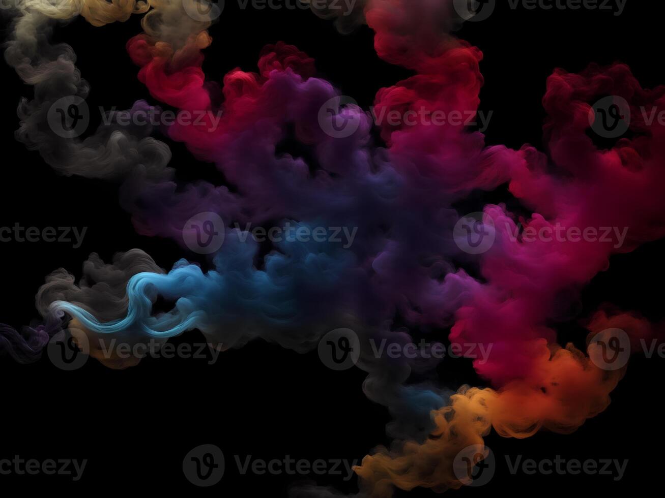 Photograph of a singular flowing colorful smoke stream in black background, photo