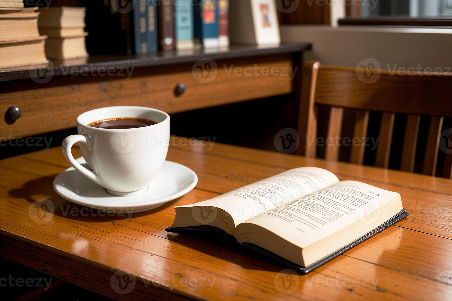 Realistic photo of a coffee cup and book on wood table in a coffee shop with cozy atmosphere