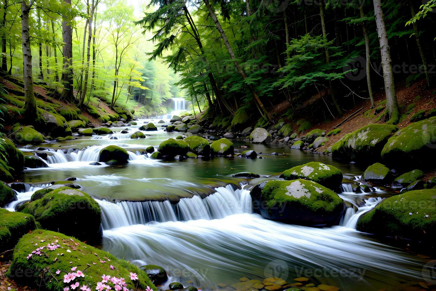 realista foto paisaje de verde árbol bosque y Arroyo