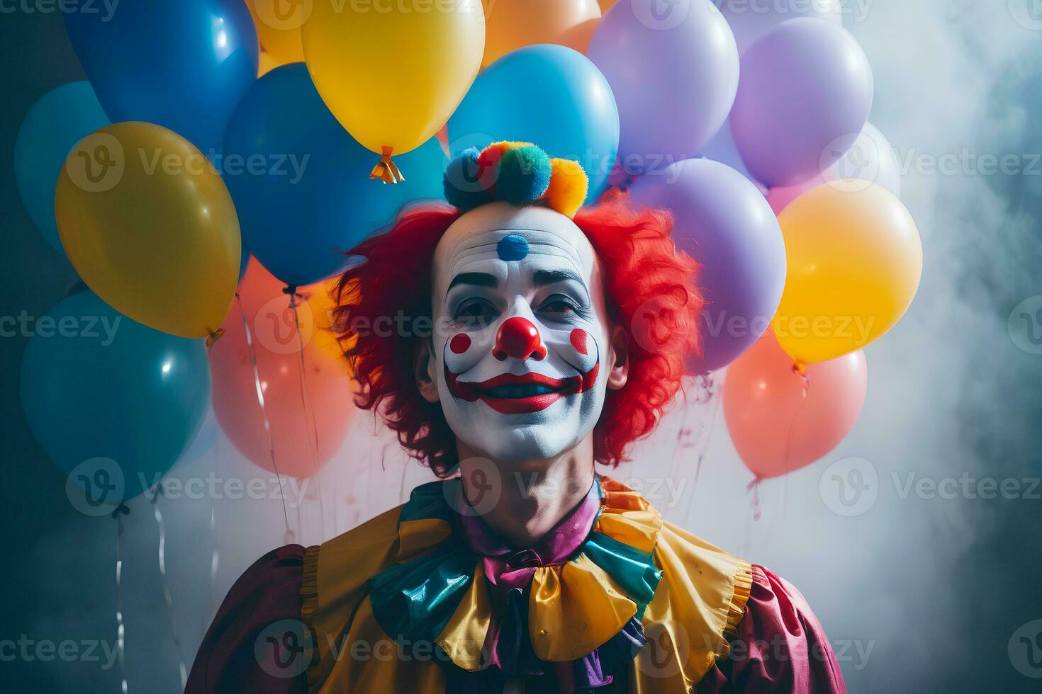 Realistic photo close up of a clown with smile in colorful balloons and misty foggy background, generative AI