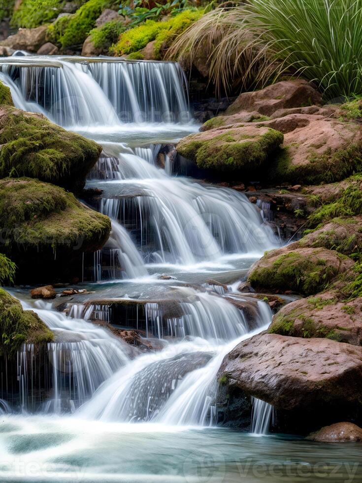 Beautiful nature landscape view of creek waterfall in the forest, photo
