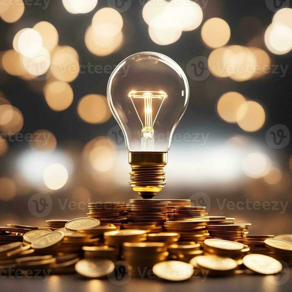 Realistic photo of light bulb on piles of golden coin, AI generative