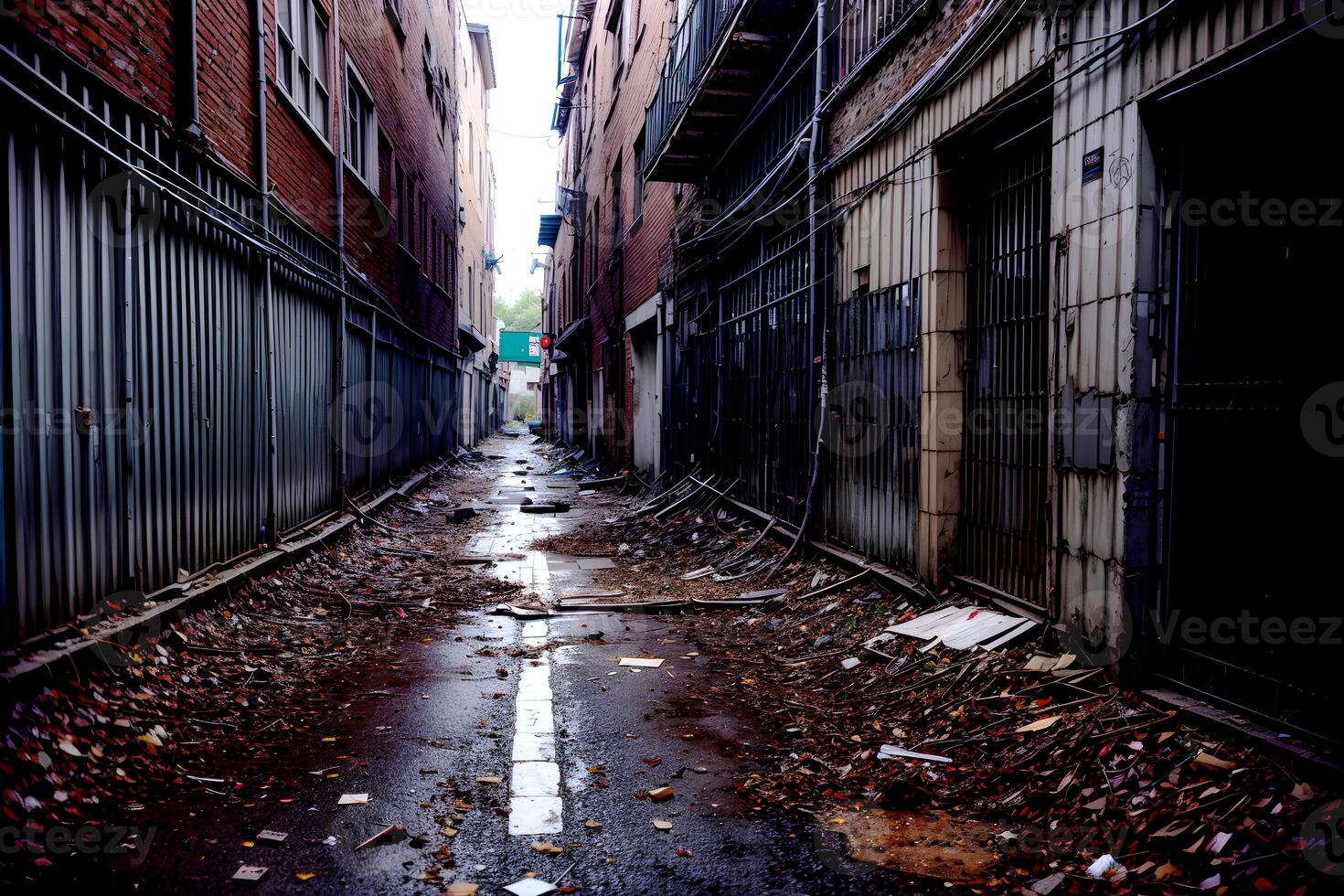 realista foto de abandonado callejón con escombros basura en el calle, ai generativo