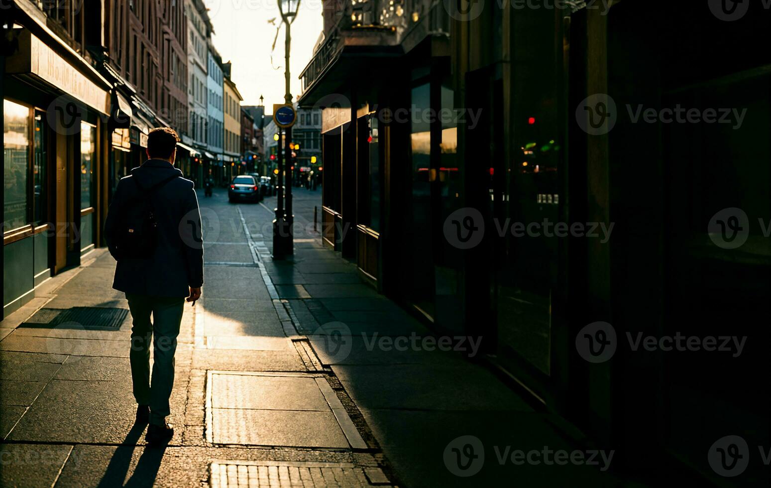 retroiluminado de un hombre caminando en el ciudad calle, ai generativo foto