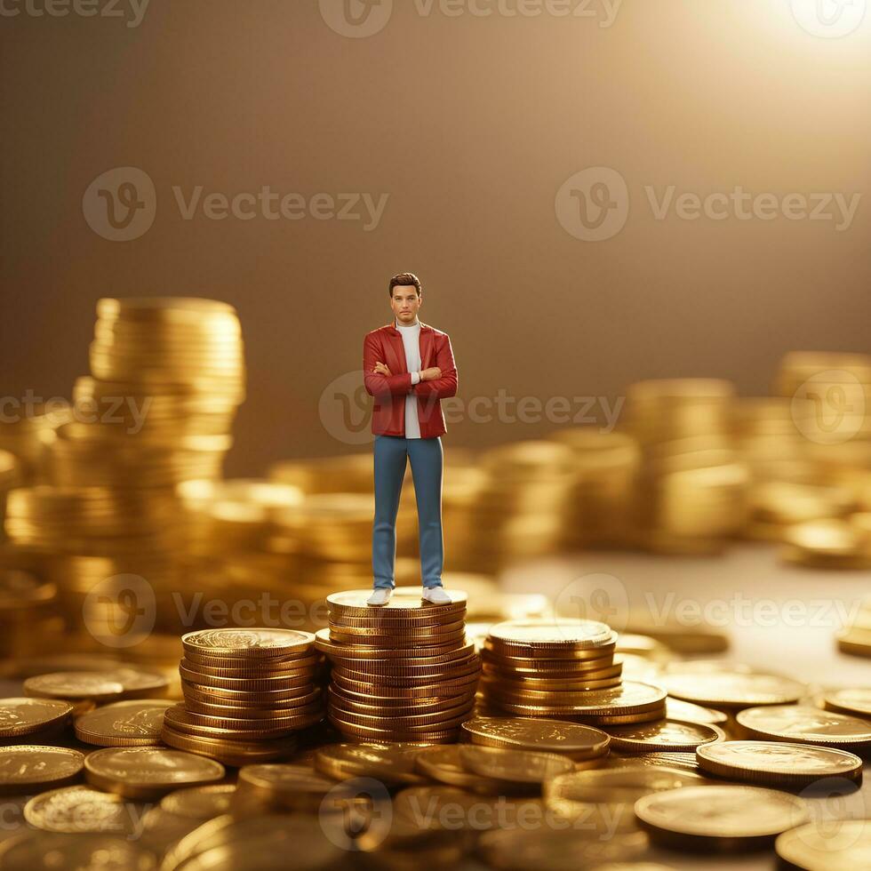 Miniature man standing on piles of golden coin, AI generative photo