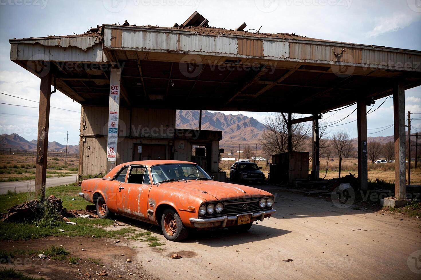 Realistic photo of deserted old broken retro vintage car