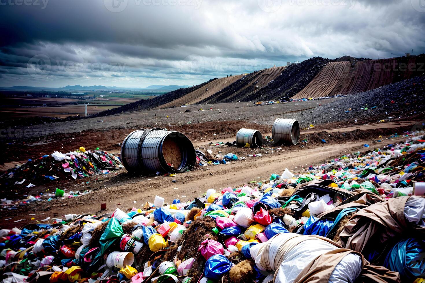 Realistic photo landscape of rubbish garbage landfill,