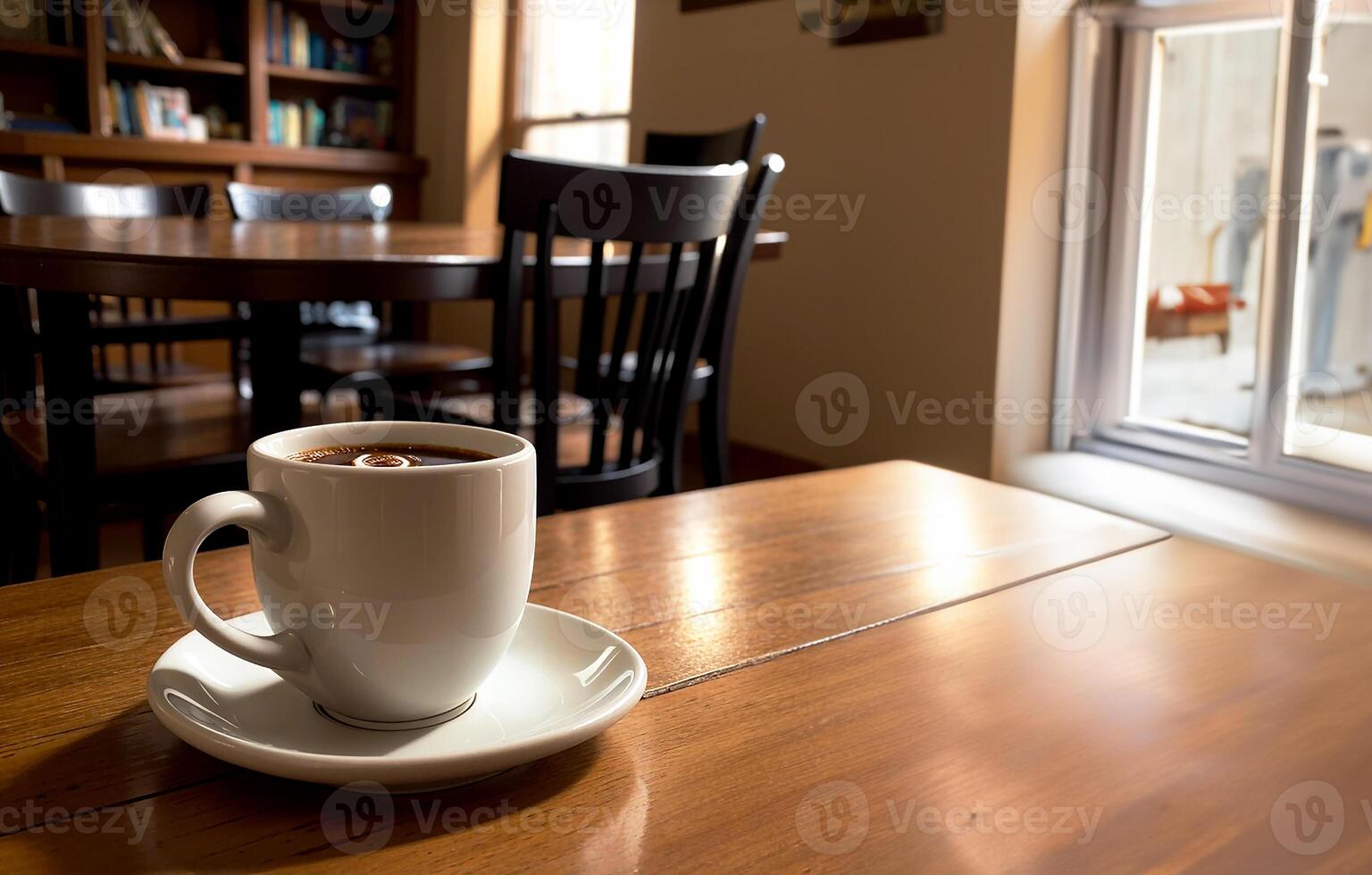 Realistic photo of a coffee cup on wood table in a coffee shop with cozy atmosphere