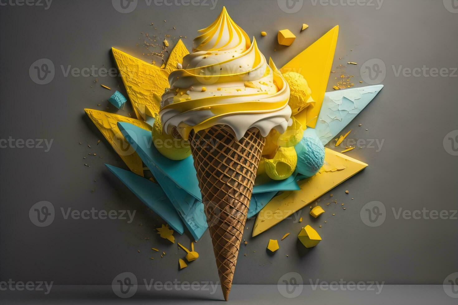Ice cream in waffle cone on blue background, top view, flat lay. ai generative photo