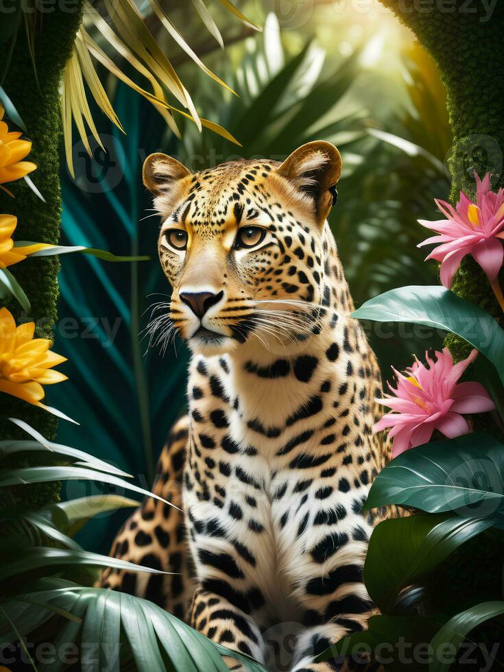 Photography portrait of Leopard in lush jungle with flowers, generative AI photo