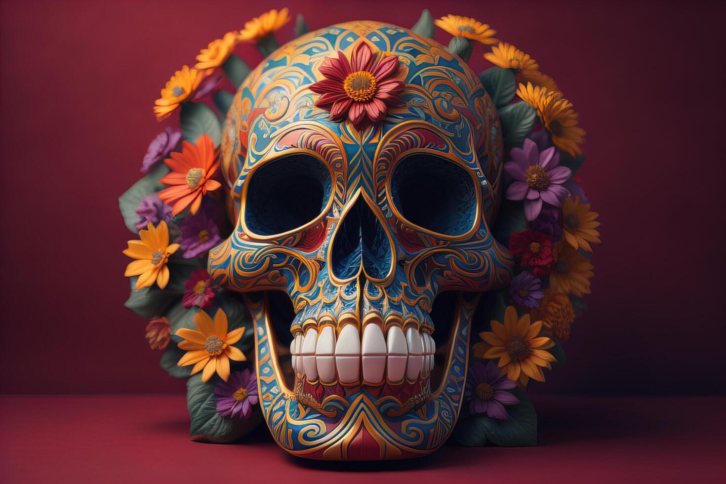 Mexican sugar skull with flowers. Day of the Dead concept. photo