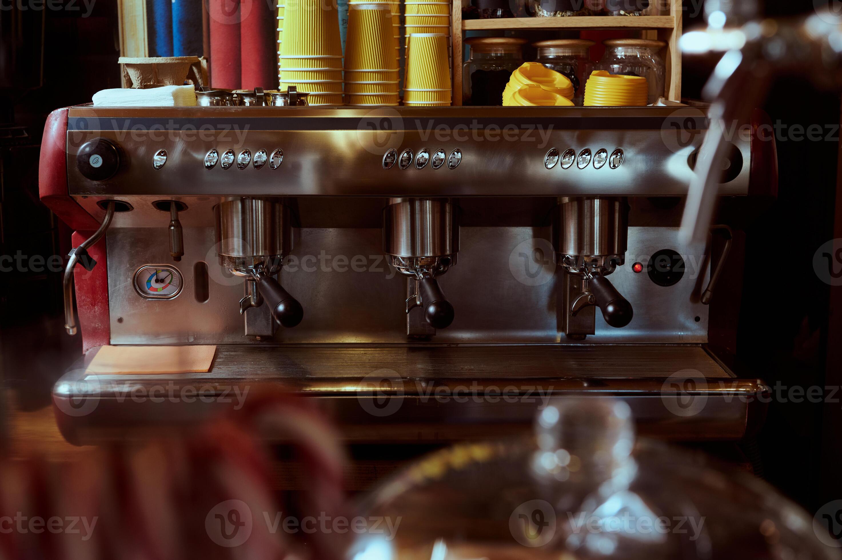 Barista's workplace. Metal professional coffee machine. Espresso maker