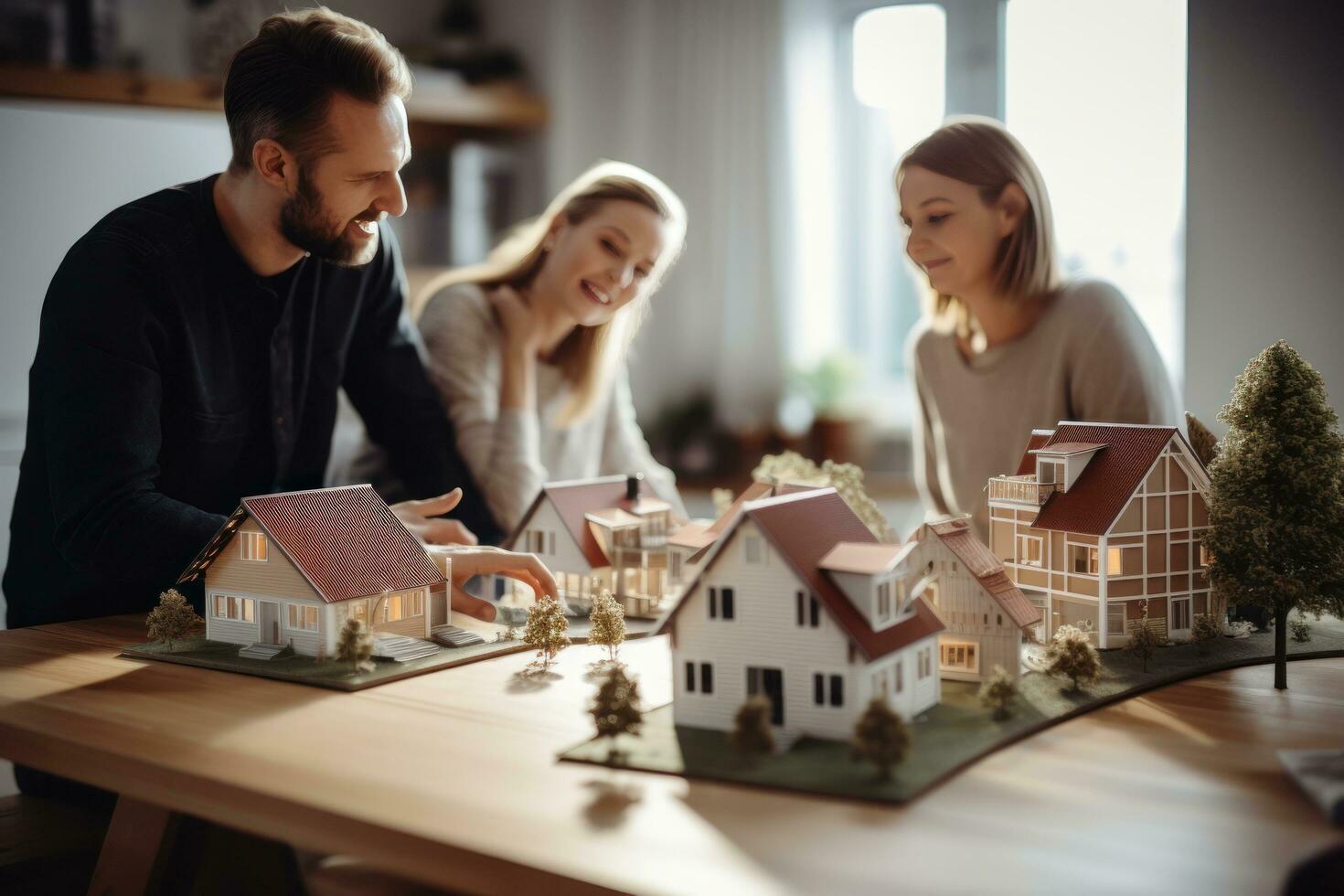 A couple on a desk with a house model and house keys photo